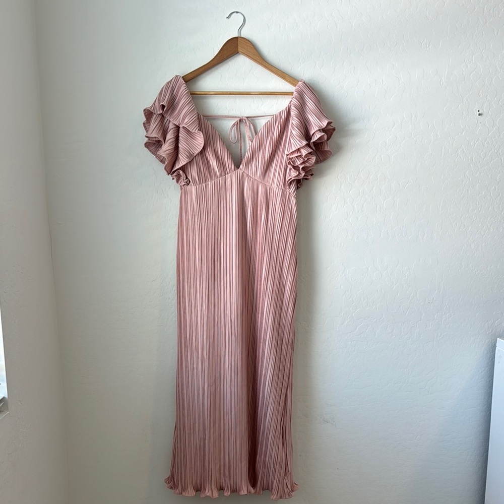 Pink Pleated Midi Sundress with Flutter Sleeves